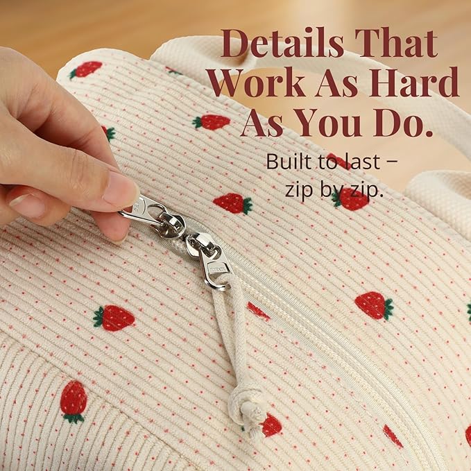 Insulated Strawberry Lunch Bag for Women, Stylish Corduroy Tote with Aluminum Lining, Large Capacity Reusable Cooler for Work, Travel, Beach or Picnic, Beige Cream Water-Resistant Lunch Box