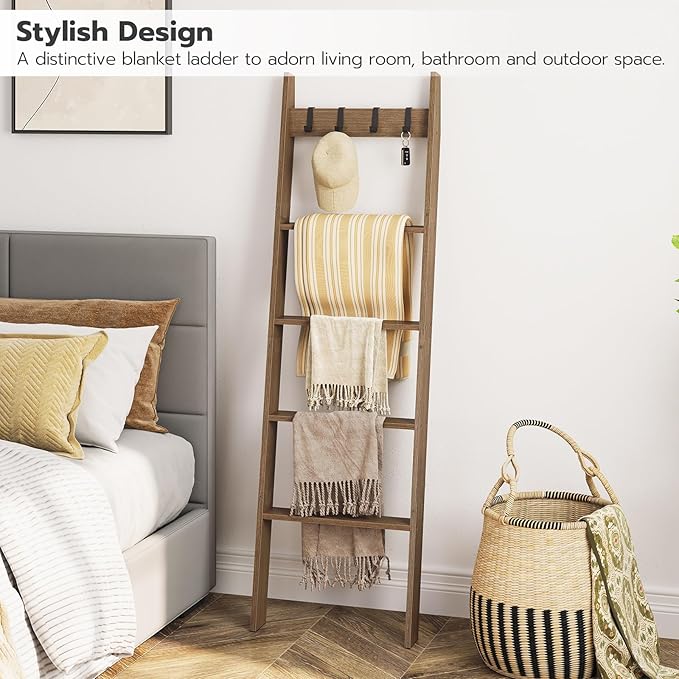 HOOBRO Blanket Ladder for Living Room and Bedroom, 5-Tier Wall Leaning Towel Rack for Bathroom, Decorative Ladder Shelf with 4 Removable Hooks, Farmhouse Blanket Storage, Mocha MA51CJ01G1