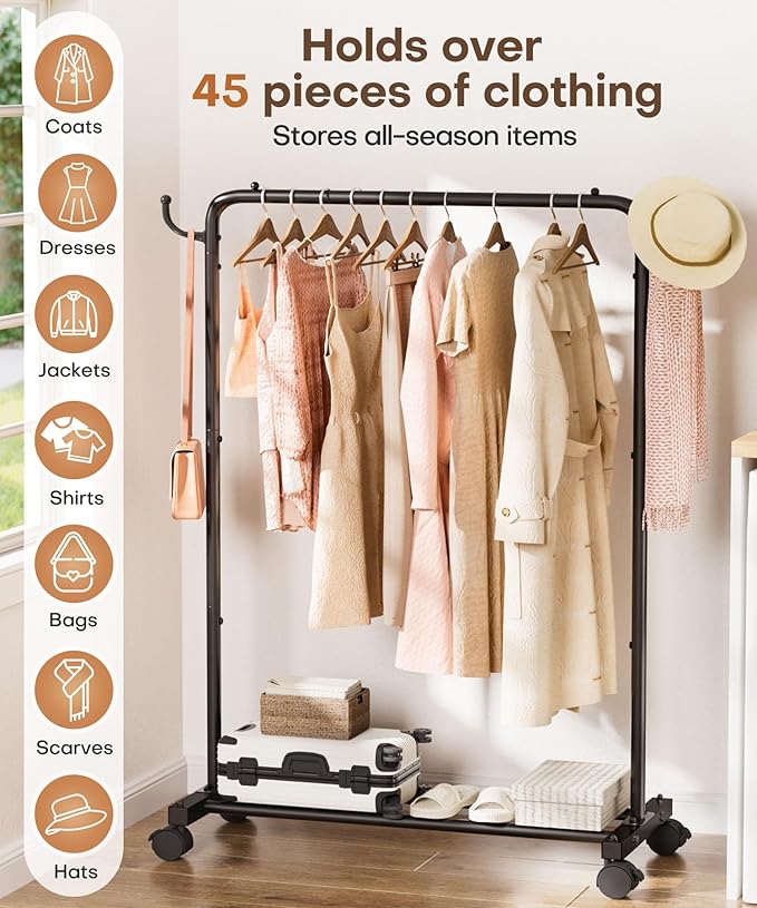 Homde Rolling Clothes Rack with Hooks: Standing Garment Storage for Indoor - Hanging Rod for Bedroom Laundry Room - Coat Dress Organizer on Wheels with luggage shelf (Black, 32")