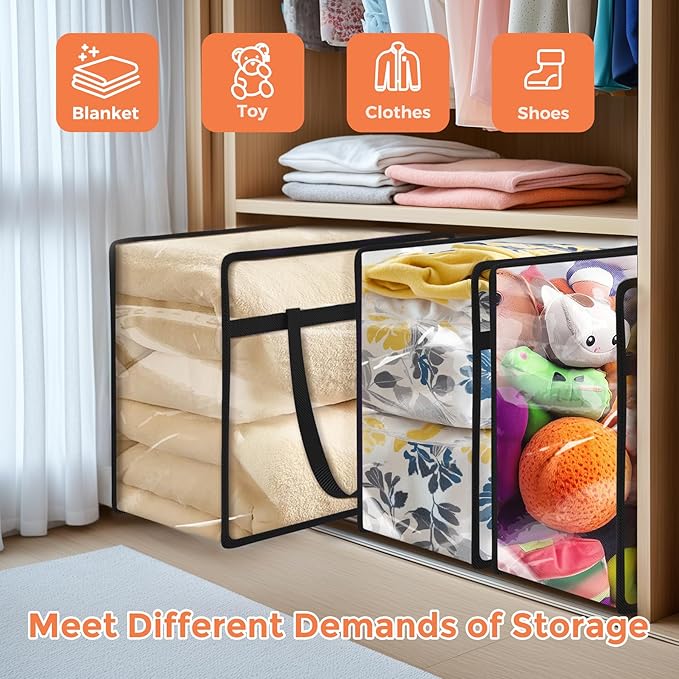 Budding Joy Clear Zippered Storage Bags for Clothes,40L Closet Organizers and Storage Containers Vinyl Moving Bag for Bedding, Linen, Blankets, Comforters, Clothing & Toys, Black, 4 Pack