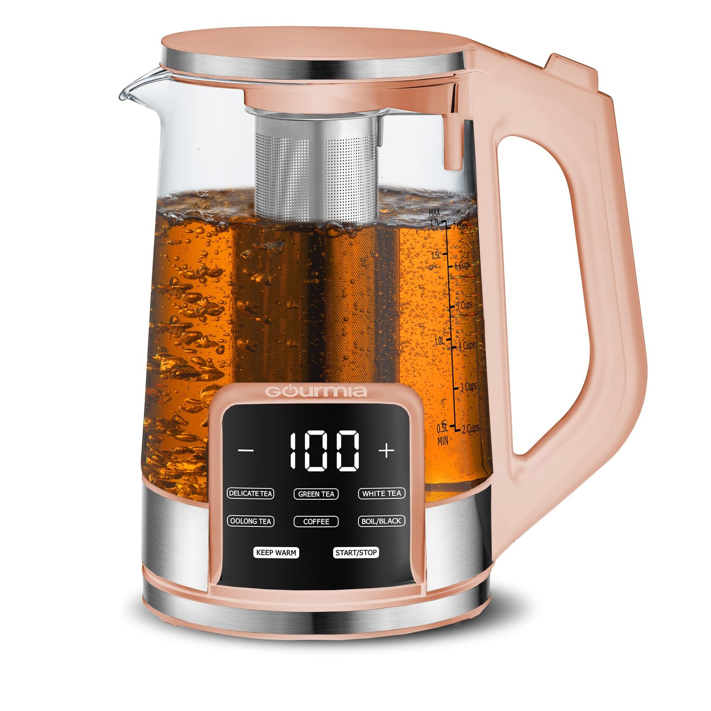 Gourmia Electric Glass Kettle – 1.7L Programmable Tea & Coffee Brewer with Digital Touch Display, 6 Presets, Removable Stainless Steel Infuser, Cordless with 360° Swivel Base, Peach