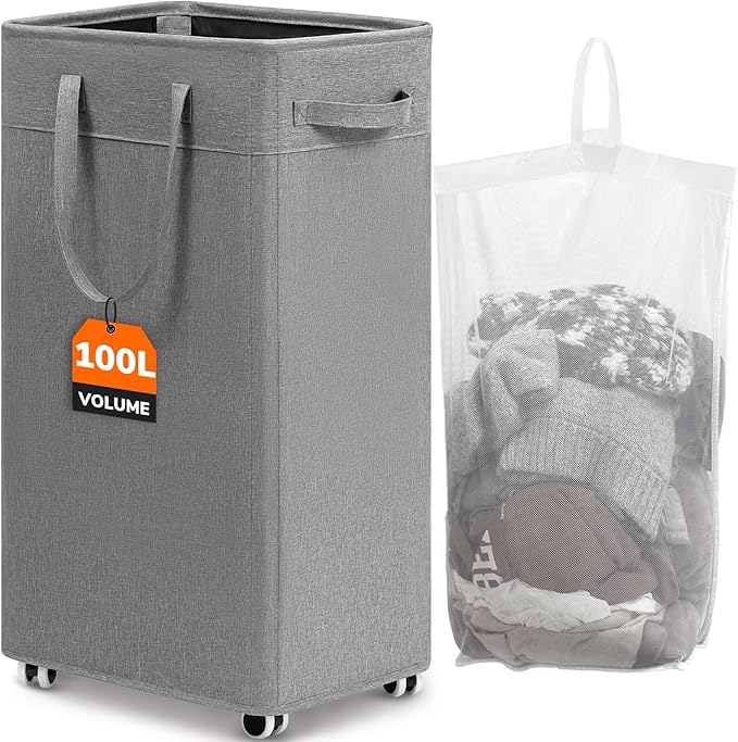 CHICVITA 100L Laundry Basket with Wheels, Slim Laundry Hamper with Removable Wash Bag for Bedroom, Clothes Hampers for College Dorm, Light Grey