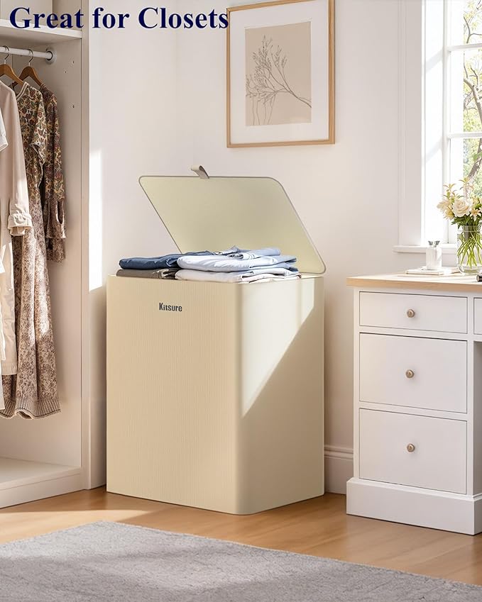 Kitsure Laundry Basket 95L – Large Laundry Hamper with Lid, 2-Compartment Divided Clothes Sorter with Removable Hamper Bags, Beige Organizer for Laundry Room, Bathroom & Bedroom, 22.2" x 16" x 27.4"