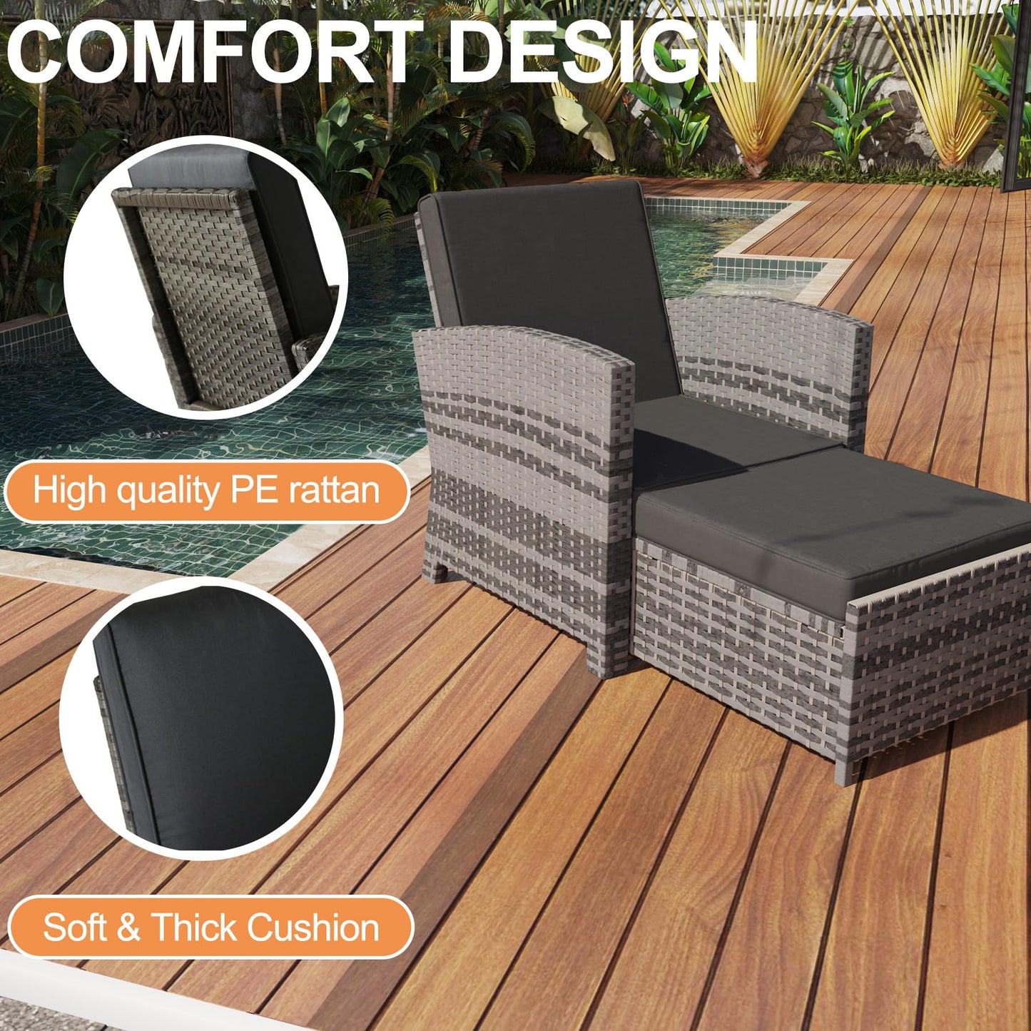 CIRMUBUY 5 Piece Outdoor Patio Furniture Set, Wicker Patio Conversation Set, Outdoor Lounge Chair with Ottomans and Coffee Table for Balcony Lawn Garden (Grey)