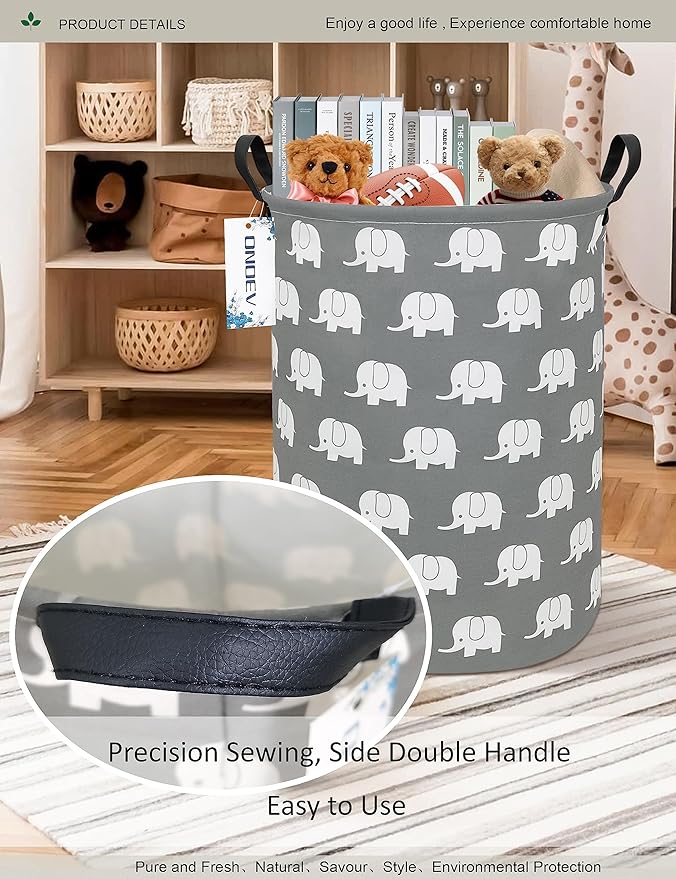 Round waterproof laundry basket,foldable storage basket,laundry Hampers with handle,gift basket,suitable for children's room and toy storage (Elephant)
