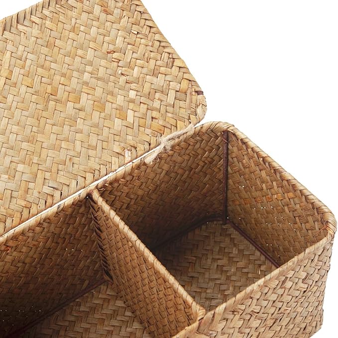 Seagrass Storage Basket for Bathroom - Wicker Toilet Tank Basket with Lid - Woven Narrow Organizer (16.5" x 5.5" x 5.5")