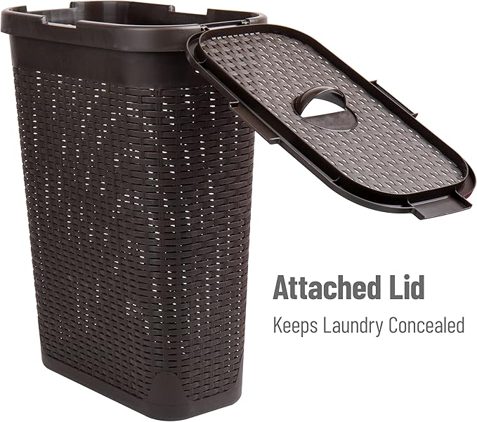 Mind Reader Slim Laundry Hamper with Lid, 40L Clothes Basket, Premium Wicker Design, Plastic, Brown