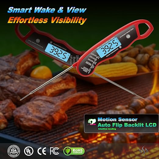0.6S Instant Read Digital Meat Thermometer Pen for Outdoor BBQ, Grilling, Smoking, Oven Baking, Oil, Candy with Factory-Calibrated Waterproof Magnetic Backlit Flip Display, Motion Sensor.