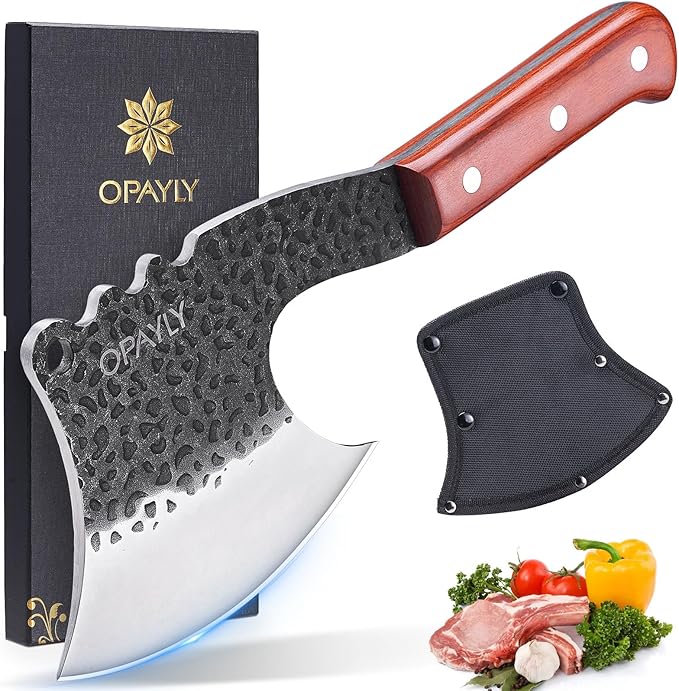 OPAYLY Meat Bone Cleaver Knife Heavy Duty Bone Choppe for Meat Cutting Hand Forged Butcher Axes with Cover cleavers High Carbon meat cleaver for Kitchen Outdoor Camping BBQ gifts for men