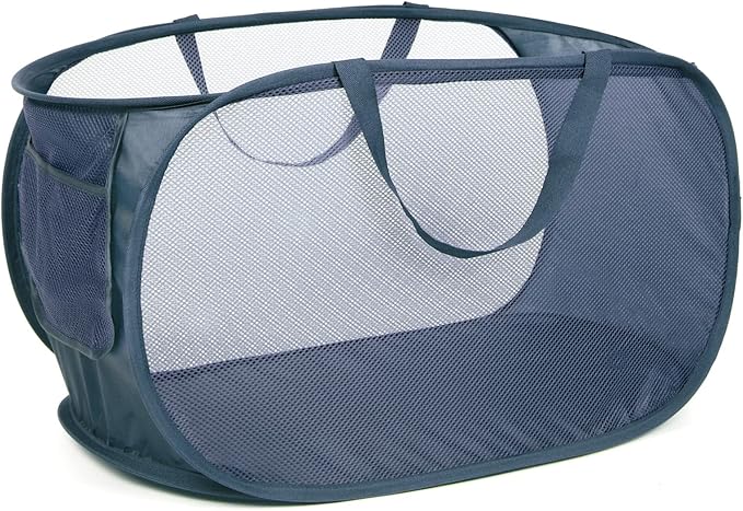 Durable Collapsible Laundry Baskets, Mesh Pop Up Laundry Hamper with Side Pocket, Foldable Clothes Storage Hamper with Reinforced Carry Handles for Laundry, Bathroom, Kids Room, Dorm or Travel Navy
