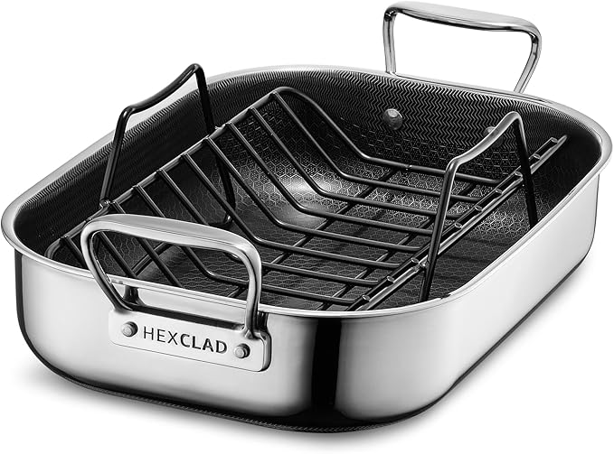 HexClad Hybrid 17 x 14 Inch Rectangular Nonstick Roasting Pan with Rack