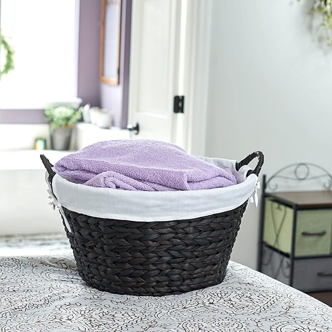 Household Essentials Round Wicker Laundry Basket with Handles, Whimsical Water Hyacinth Basket, Supportive Metal Frame, Removable Polyester Liner, Handwoven, Well-Structured and Versatile, Brown
