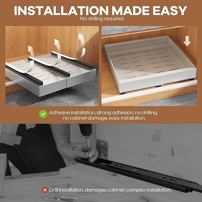 4Pack Expandable Pull Out Cabinet Organizer 21" Deep with Raising Pad for Framed Cabinets,Slide Out Drawers with 4pcs Divider Racks,Roll Out Shelves,Adjustable Width 12.05"-20.4" Silver