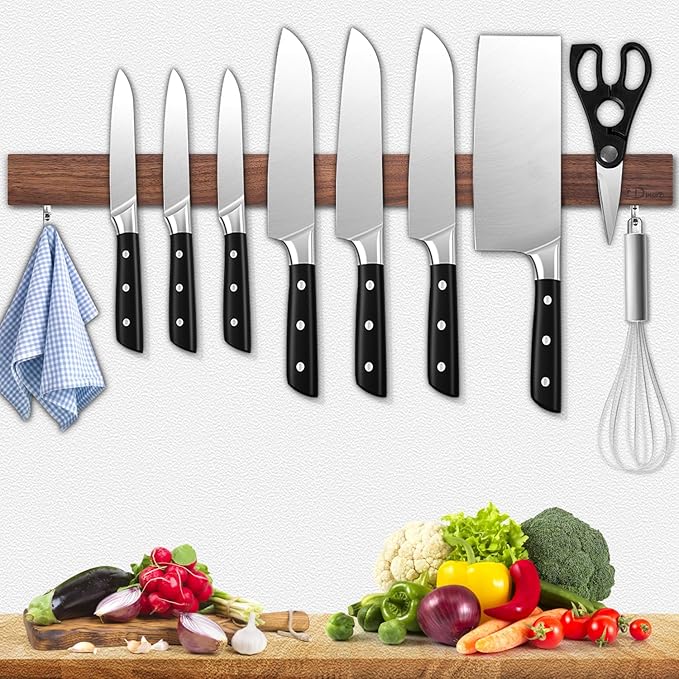 Dmore magnetic knife holder for wall—with 2 hooks, No Drilling 20 Inch walnut knife magnetic strip, Powerful knife magnet rack, include Adhesive Tape and screws for Knives, Utensils, and Tools