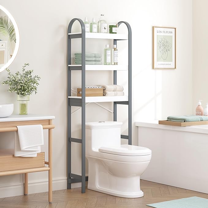 Spirich Over The Toilet Storage Shelf, 3-Tier Over Toilet Bathroom Organizer, Space-Saving Above Toilet Storage Shelf Rack with Bamboo Frame, Gray