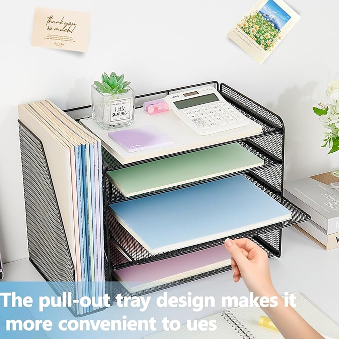 OPNICE Desk Organizer, 5-Tier Paper Organizer Letter Tray with Magazine Holder, Office Desk Accessories & Workspace Organizers, Desktop File Organizer for Office Supplies Storage, Black