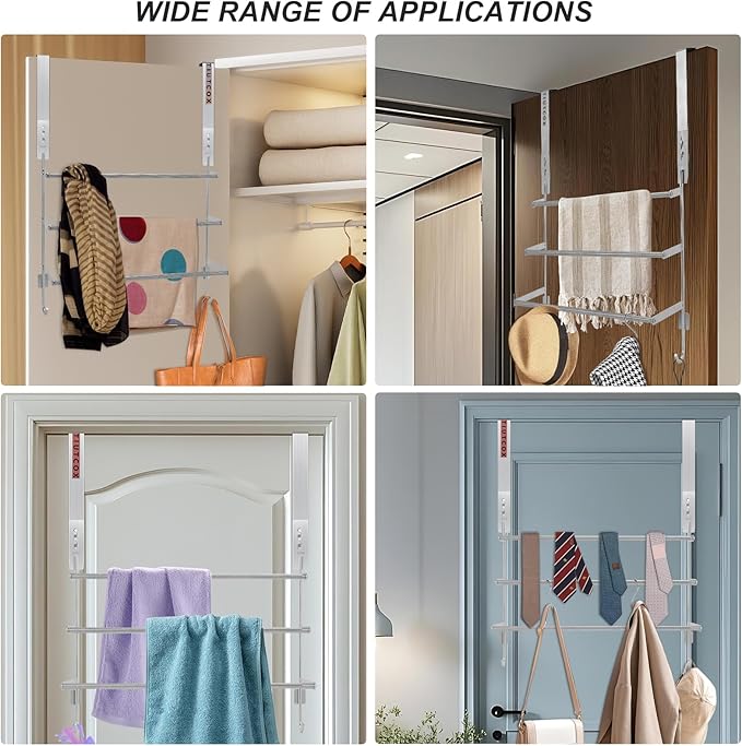 Over The Door Towel Rack, 304 Stainless Steel Towel Racks for Bathroom with 3-Tier Adjustable Pole, 2 Punch-Free Screw Stickers, 22.83 * 17.71-29.52 * 6.14 Inch, Red