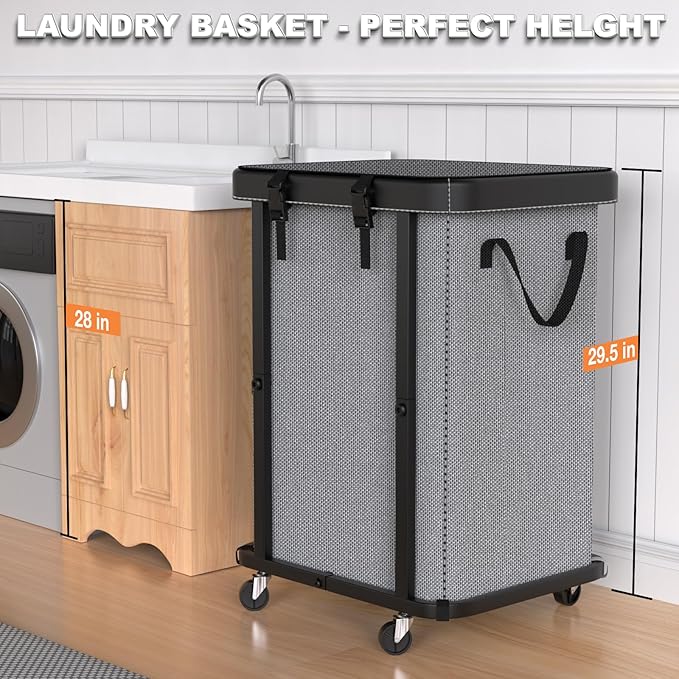 150L (40 Gal) Large Fashion Laundry Basket with Wheels, Leather Patchwork Rolling Hamper Carts, Sturdy Metal Frame, Removable Washable Bag, Tall Clothes Sorter for Bedroom, Laundry Room - Gary