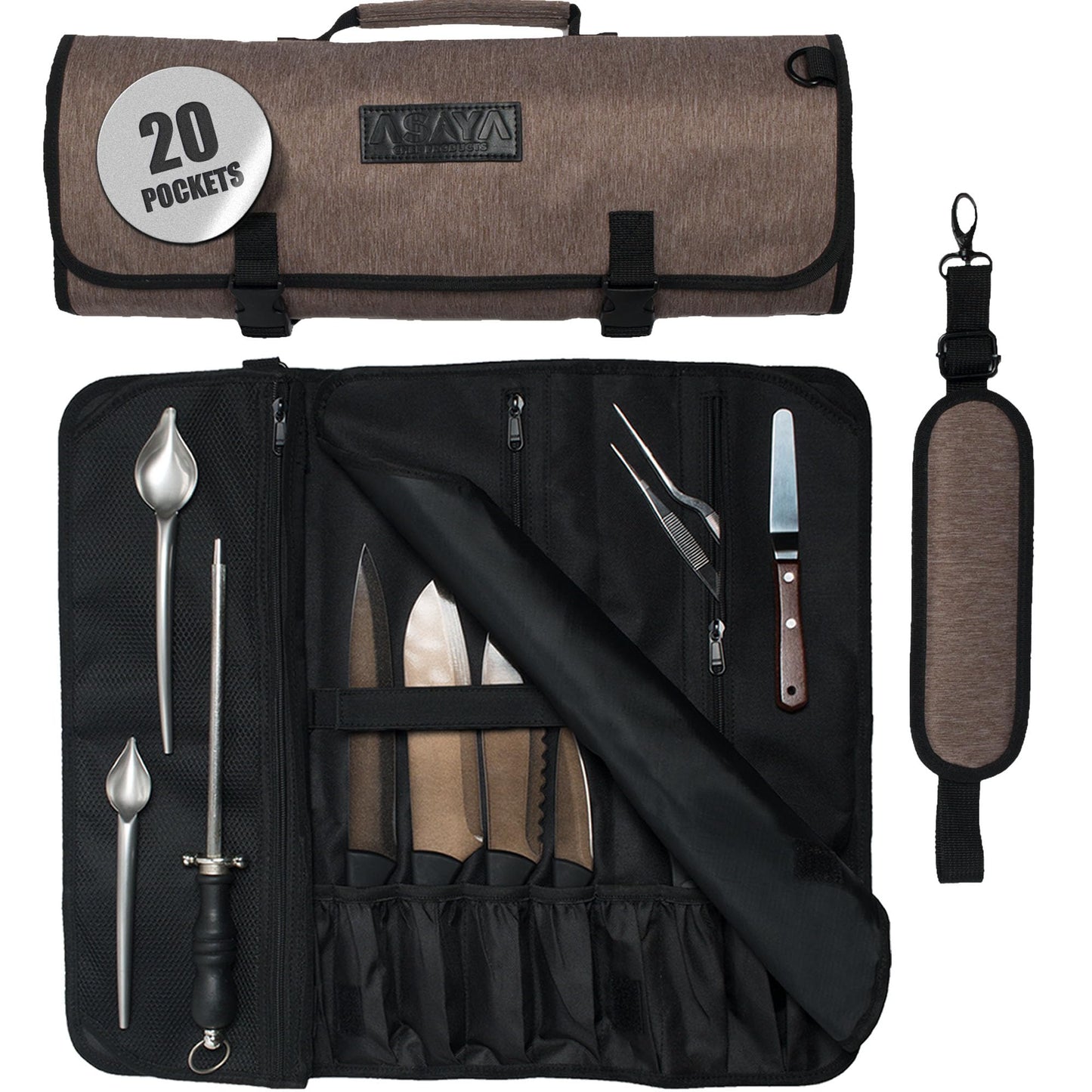 Asaya Waxed Nylon Chef Knife Roll Bag with 20 Slots and Zippered Pockets - Professional Chef Knife Bag & Storage Case, Tool Carrier with Shoulder Strap - Knives Not Included (Purple)