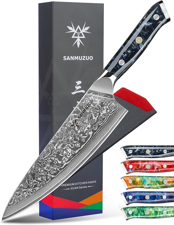 SANMUZUO Chef Knife - 8 inch - Xuan Series - VG10 Damascus Steel Kitchen Knife - Resin Handle (Sapphire Blue)