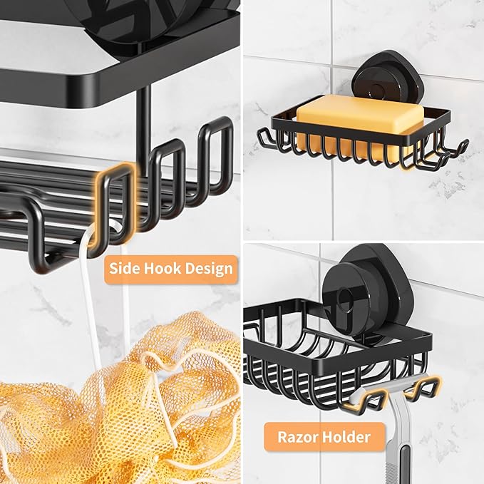 KEGII Corner Shower Caddy Suction Cup, Corner Shower Shelves with Soap Holder, No Drilling Suction Cup Bathroom Organizer with Hooks, Removable Bathroom Storage Rack, 3 Pack - Black