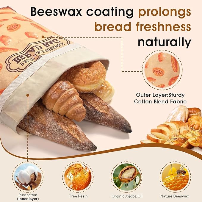 2 Pack Beeswax Bread Bags for Sourdough Homemade Bread, XL Cotton Lining Sourdough Reusable Natural Beeswax Bread Storage Bag, Keep Fresh and Upgraded Large Capacity Portable