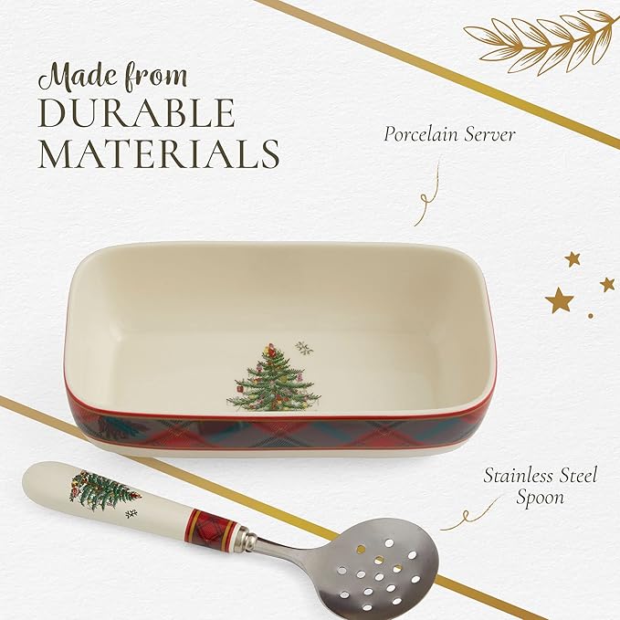 Spode Christmas Tree Tartan Rectangle Server with Slotted Spoon - Set of 2