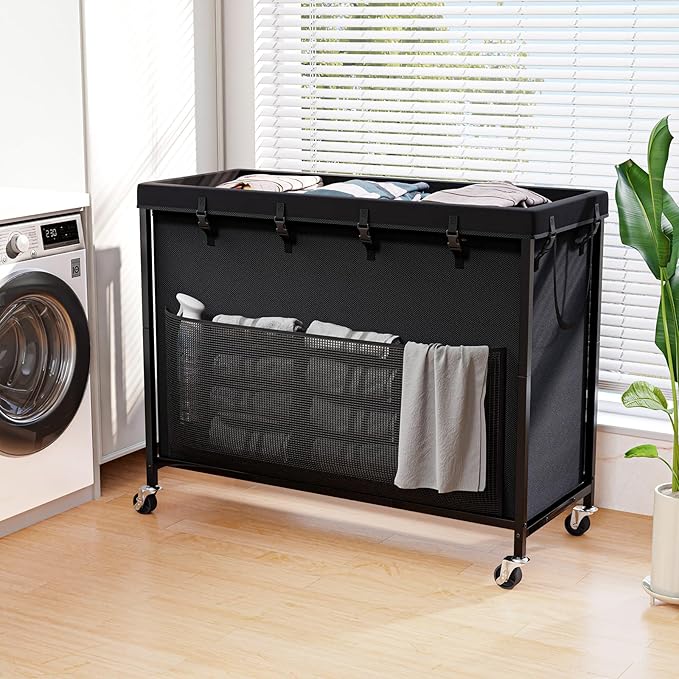 300L Laundry Hamper with Wheels, Rolling Laundry Basket with Metal Frame and Removable Bag, Large & Tall Dirty Clothes Hampers for Bedroom Aesthetic, Laundry Room, Bathroom, Dorm-Black