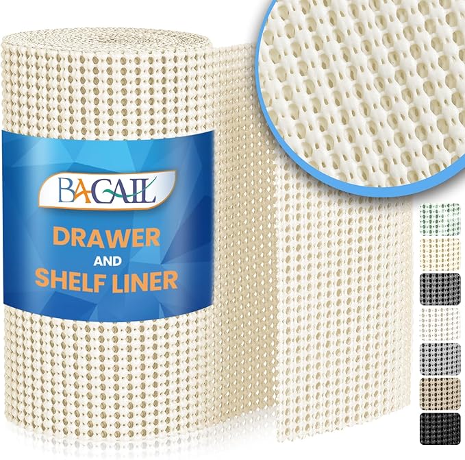 BAGAIL Drawer and Shelf Liner, 12 in X 30 Ft Non-Adhesive Shelf Liners for Kitchen Cabinets, Thick Strong Grip Liners for Desk, Shelves, Bathroom Drawers, Cabinet Protection - Cream