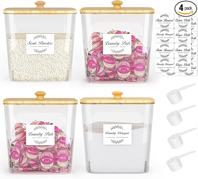Laundry Room Organization and Storage, Laundry Pods Container with Bamboo Lids and Labels, Laundry Organizer with Scoops for Booster Beads, Powder, Pods, 4Pack