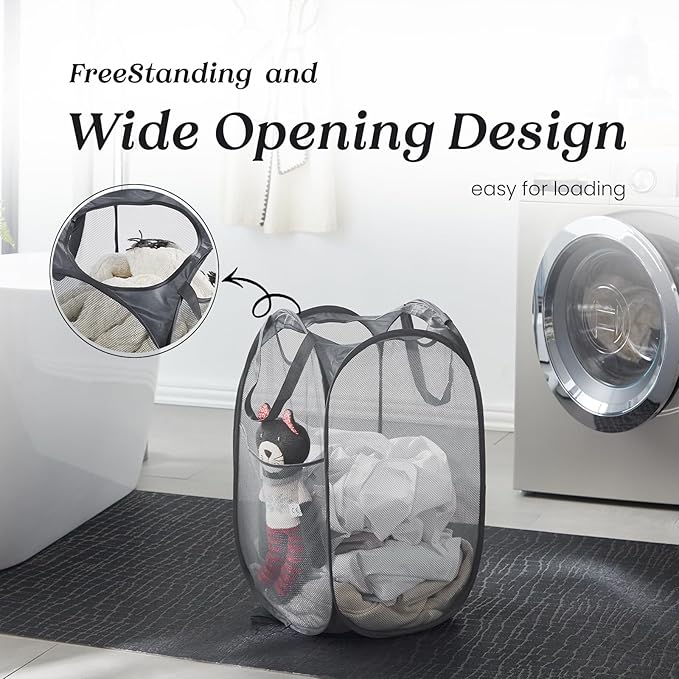 TECHMILLY Collapsible Mesh Pop Up Laundry Hamper with Sturdy Handles and Side Pocket - Portable Foldable Clothes Baskets for Dorm, Bathroom & Travel Storage (Grey, 2 Packs)