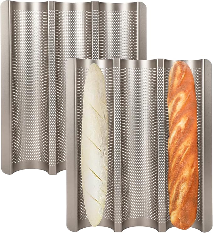 Barlket Baguette Pan 2 Pack, Silver Baguette Tray Perforated for Home Baker