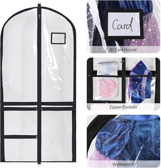 Univivi Clear PVC Dance Costume Bag, 50 Inch Garment Bag for Competitions With 3 Separated Medium Zipper Pockets and 1 Large Back Zippered Pocket (Clear/Black)