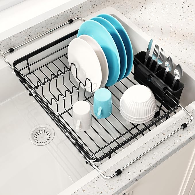 In Sink Dish Drying Rack, Expandable Over The Sink Dish Rack for Small Kitchen, Space Saving Stainless Steel Black Dish Drainer with Utensil Holder, 14.1"-21.2" L x 11"W, Compact Plate Dryer Strainer