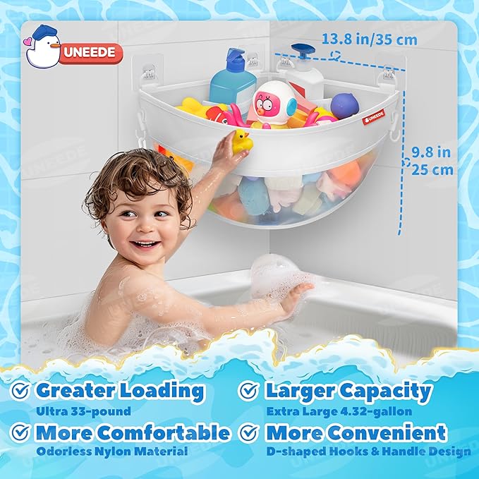 UNEEDE 4.32 Gallons Corner Mounted Bath Toy Storage Holder, Mesh Shower Caddy for Bathtub Organizer, Quick Dry Holder