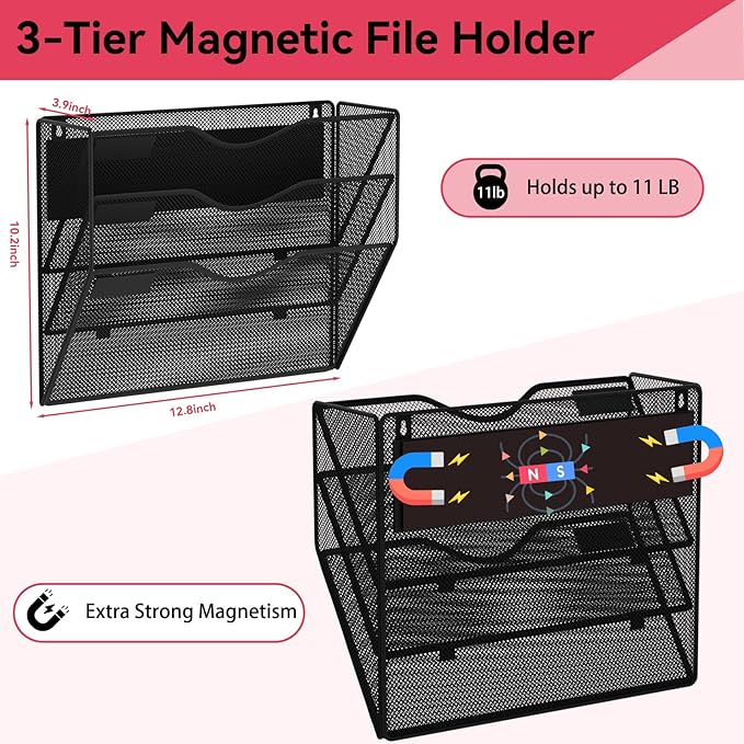 3-Tier Magnetic File Holder, No Drilling Wall File Organizer, File Folder Bins, Mail & Magazine Rack, Magnetic Paper Document Holder for Refrigerator File Cabinets Whiteboard, Black