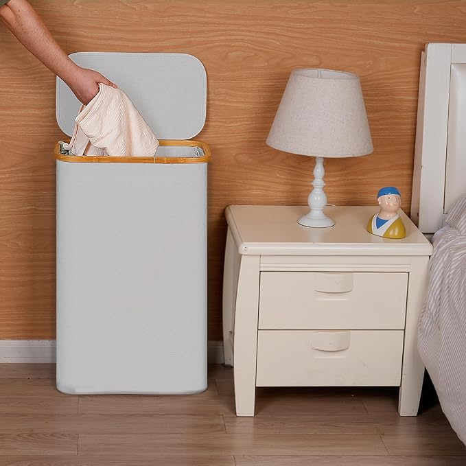 efluky Slim Laundry Basket with Lid, Narrow Laundry Hamper with Removable Bag, Skinny Dirty Clothes Basket with Bamboo Handles for Bathroom, Bedroom & Laundry Room, 75L Light Grey