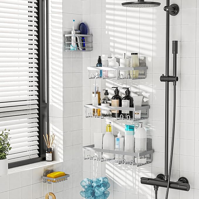 Moforoco Adhesive Shower Caddy Organizer Shelves Rack - 5 Pack Corner Bathroom Storage Organization, Home & Kitchen Decor Inside RV Accessories, Hanging First Apartment Household Camper Essentials