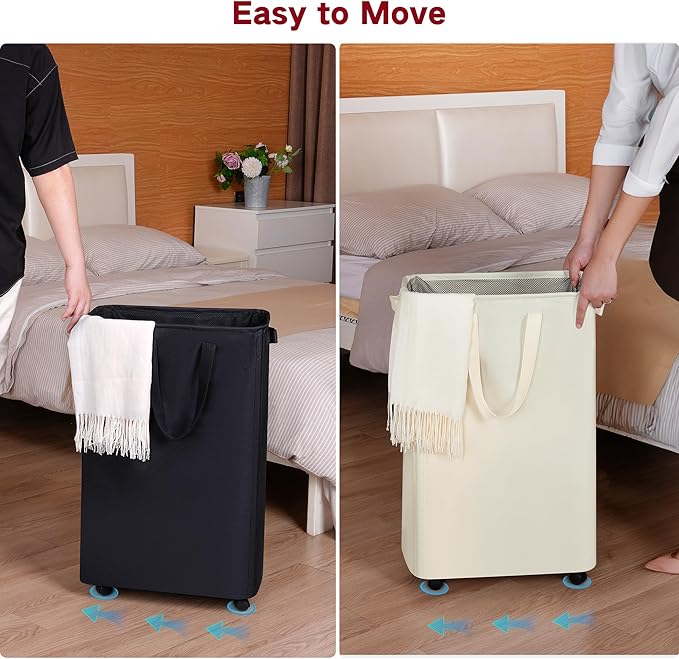 efluky Slim Laundry Hamper with Wheels, Rolling Laundry Basket for Clothes, Small Laundry Basket for Bedroom, Dorm and Laundry Room, 75L (19.8 Gallons) Pink