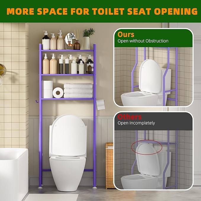 3-Tier Over The Toilet Storage, Space Saver Metal Bathroom Shelves, Freestanding Above Over Toilet Storage Shelf with 4 Hooks for Bathroom, Purple