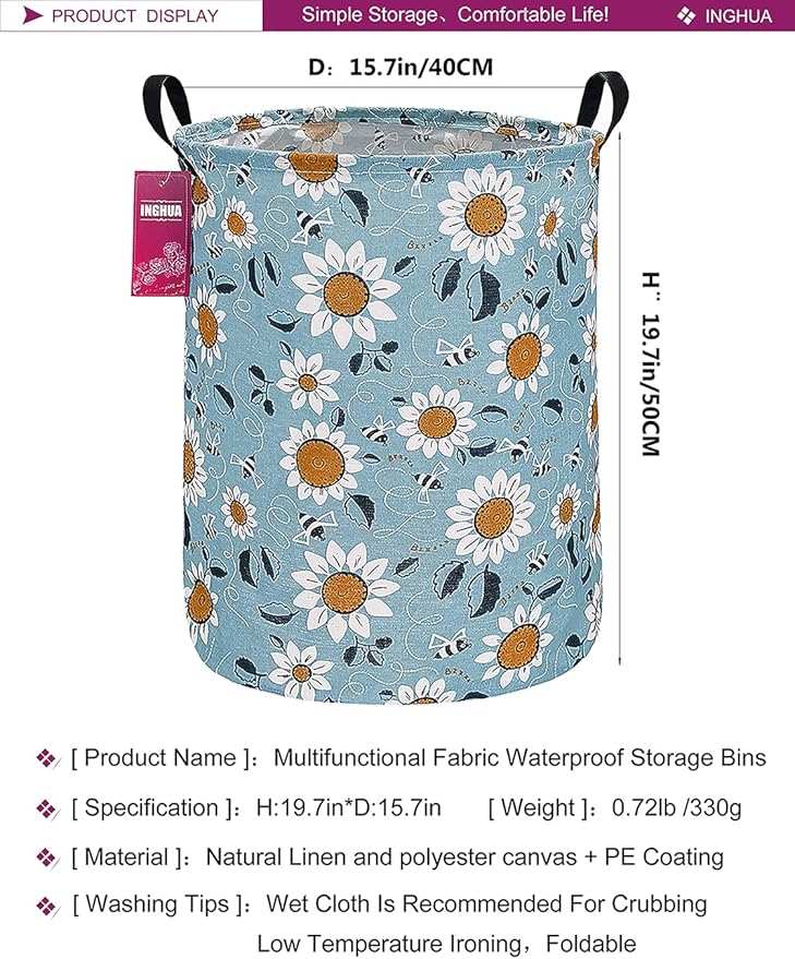 Laundry Hamper Large Canvas Fabric Lightweight Storage Basket/Toy Organizer/Dirty Clothes Collapsible Waterproof for College Dorms, Boys and Girls Bedroom,Bathroom (Sunflower)