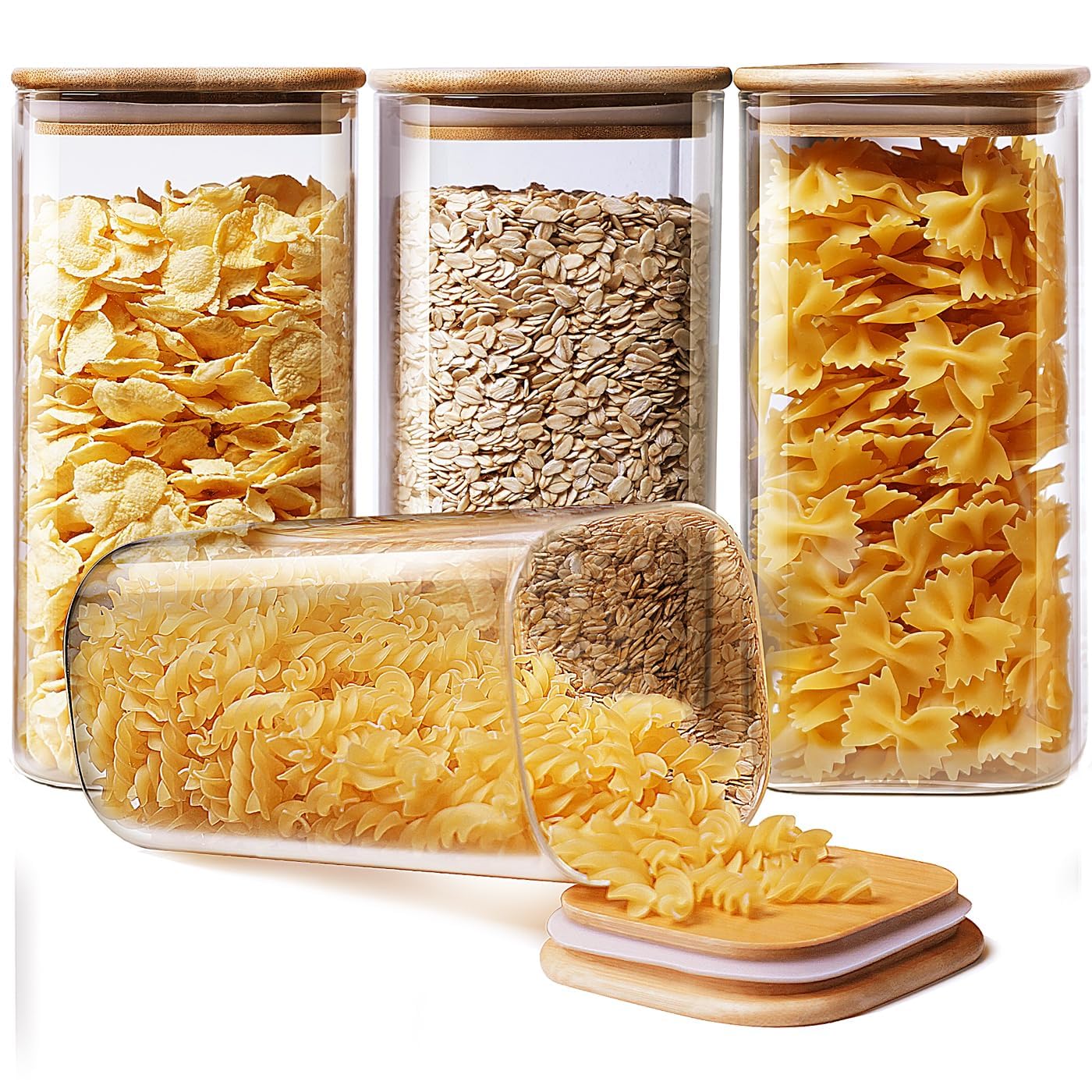 53 oz Square Glass Food Storage Containers with Airtight Bamboo Lids, 4Pack