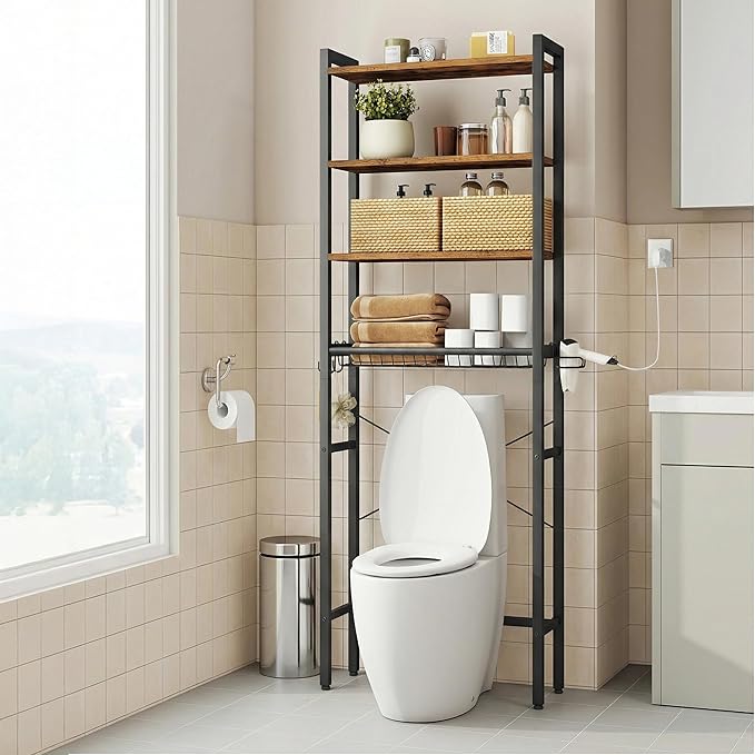 VASAGLE Over The Toilet Storage, Over Toilet Bathroom Organizer with Adjustable Shelves and Basket, 3 Hooks, Space Saving, 9.4 x 23.6 x 68.1 Inches, Rustic Brown UBTS114KD01S