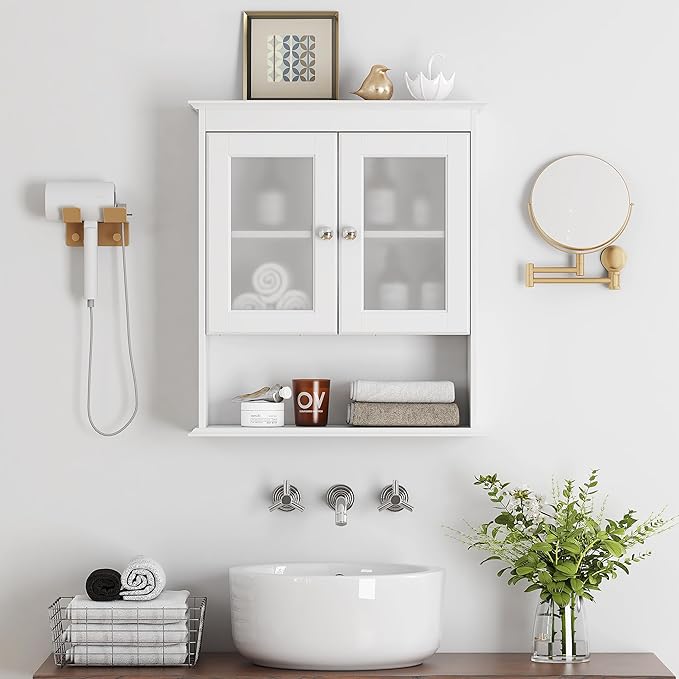 Spirich Bathroom Cabinet Wall Mounted, Medicine Cabinet Organizer with Glass Doors and Adjustable Shelves, Bathroom Wall Cabinet Over Toilet, White