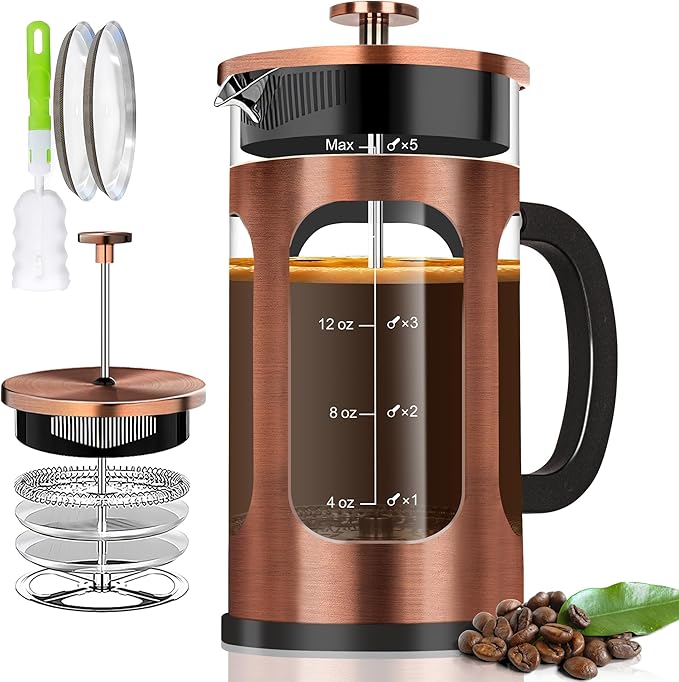 YMMIND French Press Coffee Maker (34oz 1Quart 5-6Cup) Coffee Press, with 4 Filters System, Heat Resistant Thickness Borosilicate Glass, Cold Brew Coffee Tea Pot Gifts (Bright Black)