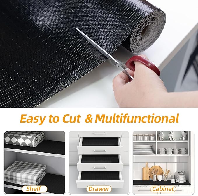 Shelf and Drawer Liner for Kitchen Cabinets Non-Adhesive, Strong Grip Non-Slip Thickened Cabinet Liners for Shelves, Waterproof Mats for Dresser Cupboard, Black, 12 in x 20 Feet