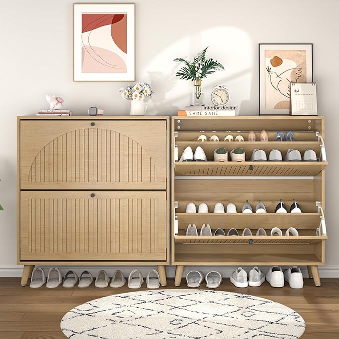 Shoe Storage Cabinet for Entryway with 2 Flip Drawers, Narrow Wood Shoe Cabinet with Fluted Panel, Freestanding Hidden Shoe Organizer for Foyer, Hallway (Wood Color)