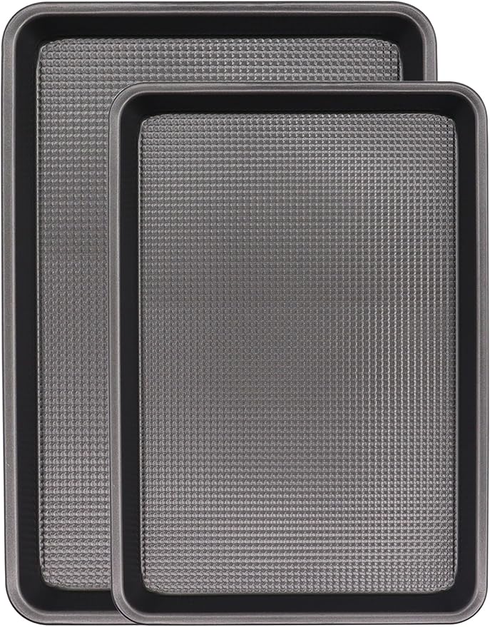JOHO BAKING Cookie Sheets for Baking Nonstick, 2 Pack Heavy Duty 0.8mm Dark Gray Sheet Pan Set Quarter(9x13in) & Jelly Roll(10x15in), Diamond Textured Commercial Grade, Small Oven Safe