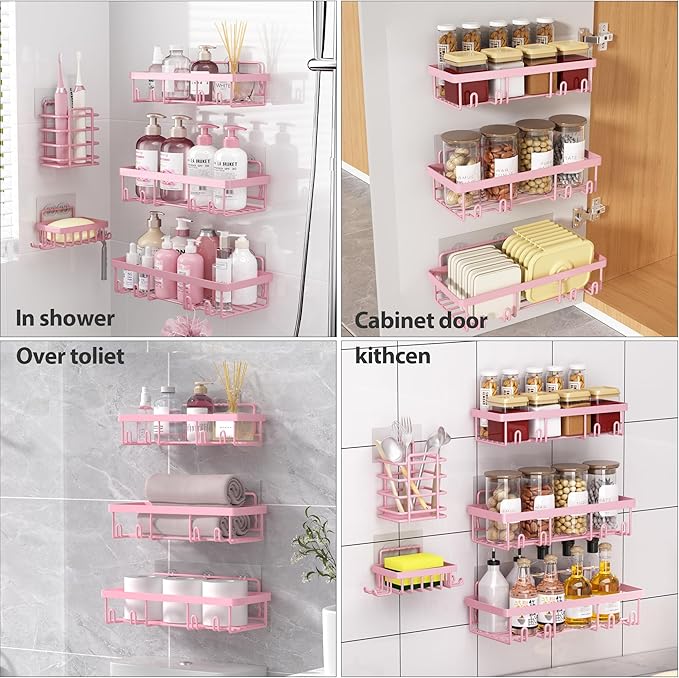5 Pack Shower Caddy Organizer Rack Shelf for Inside Shower, Adhesive Bathroom Wall Storage Basket Rustproof Stainless Steel Shampoo Holder, Girly Bathroom Accessory Decor Set, Pink