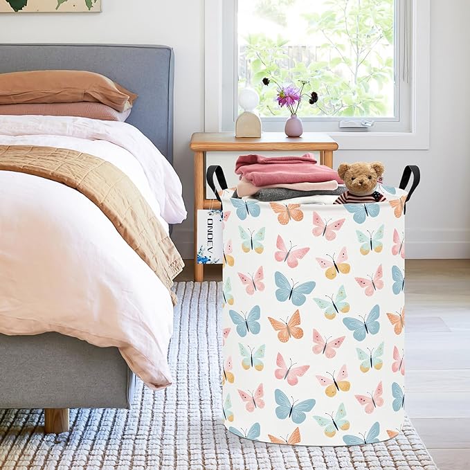 Round waterproof laundry basket,laundry Hampers with handle,gift basket,suitable for children's room and toy storage (Colorful butterfly)